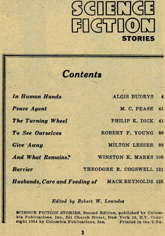 Table Of Contents for Science Fiction Stories No.2, 1954