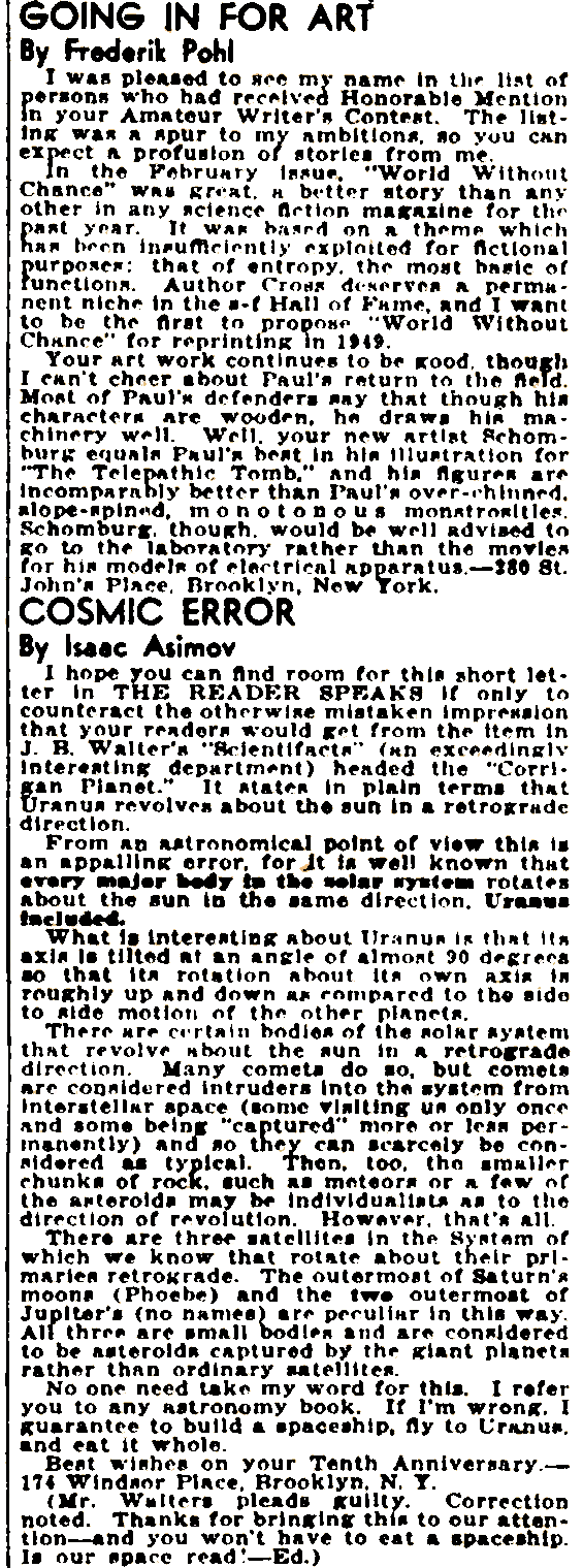 Frederik Pohl and Isaac Asimov in the letters column of Thrilling Wonder Stories - June 1939