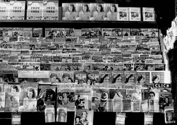 A 1938 newstand full of pulp magazines