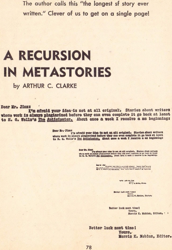 A Recursion In Metastories by Arthur C. Clarke (Galaxy SF, October 1966 - Page 78)