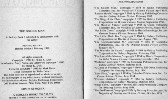 Acknowledgements page from The Golden Man