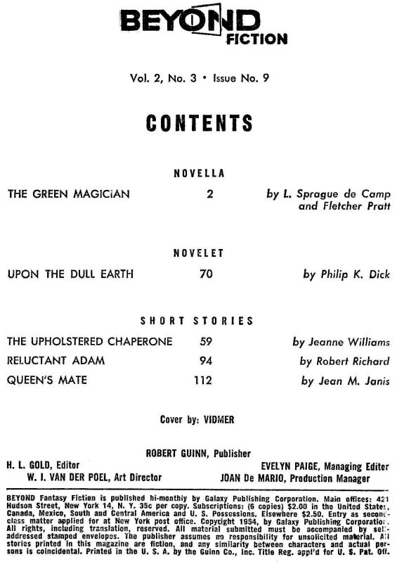 Beyond Fiction Volume 2 Number 3 Issue 9 - Table Of Contents (includes Upon The Dull Earth)