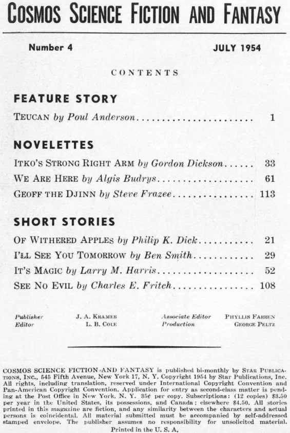 Cosmos Science Fiction And Fantasy - July 1954 (includes Of Withered Apples by Philip K. Dick)