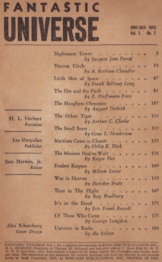 Table of contents for Fantastic Universe's June-July 1953 issue (includes Martians Come In Clouds by Philip K. Dick)