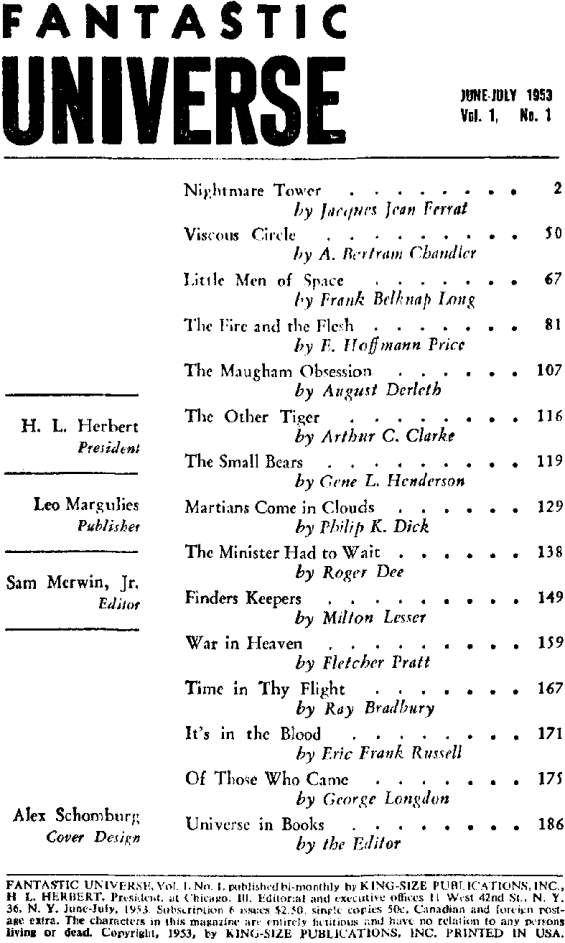 Table of Contents - Fantastic Universe, June - July 1953 - Martians Come In Clouds by Philip K. Dick