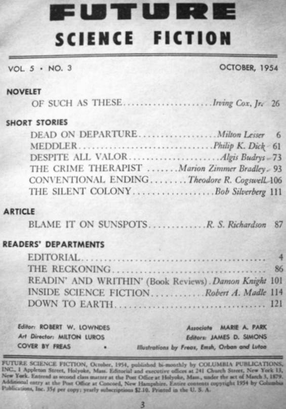 Future Science Fiction October 1954 - table of Contents - includes Meddler by Philip K. Dick
