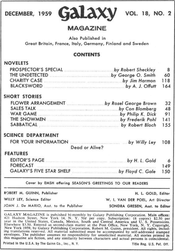 Galaxy Science Fiction, December 1959 - Table Of Contents (Includes War Game by Philip K. Dick)