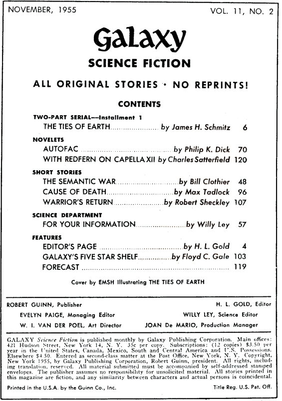 Galaxy November 1955 - Table Of Contents - includes Autofac by Philip K. Dick
