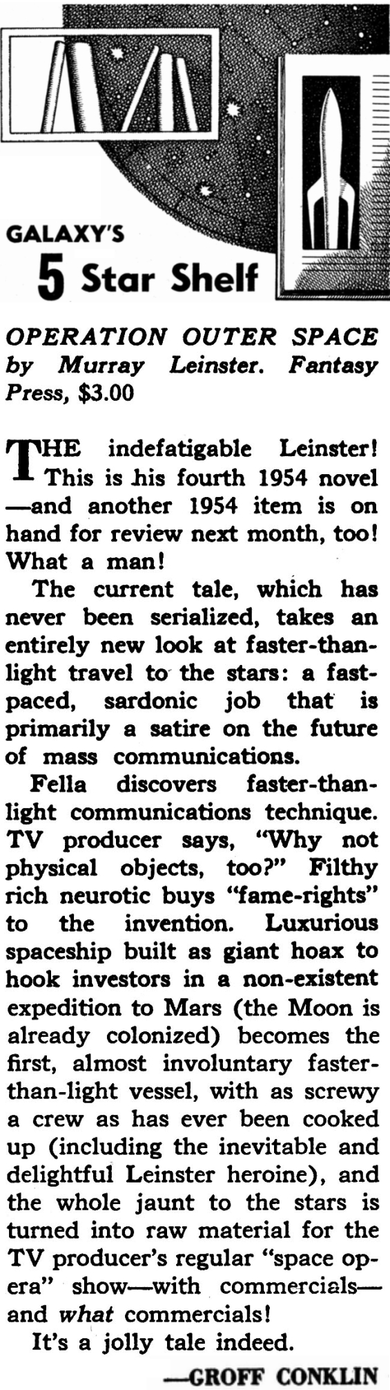 Groff Conklin's review of Operation: Outer Space from Galaxy Magazine's March 1955 issue
