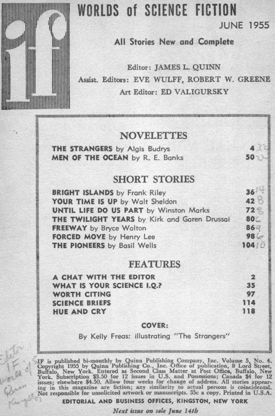 Table of contents from IF: Worlds Of Science Fiction, June 1955