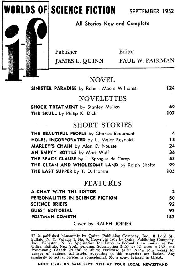 Table of contents from If September 1952 (includes The Skull)