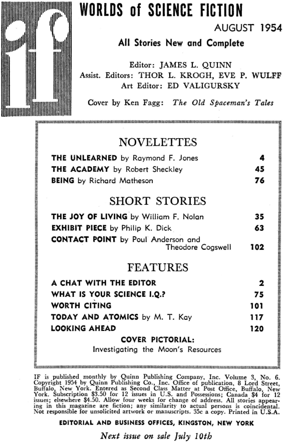 IF Worlds Of SF August 1954 Table Of Contents (includes Exhibit Piece by Philip K. Dick)