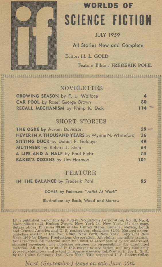 IF Worlds Of Science Fiction July 1959 - Table Of Contents (includes Recall Mechanism by Philip K. Dick)