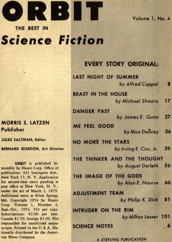 Orbit Science Fiction No.4 Sept-Oct 1954 Table Of Contents