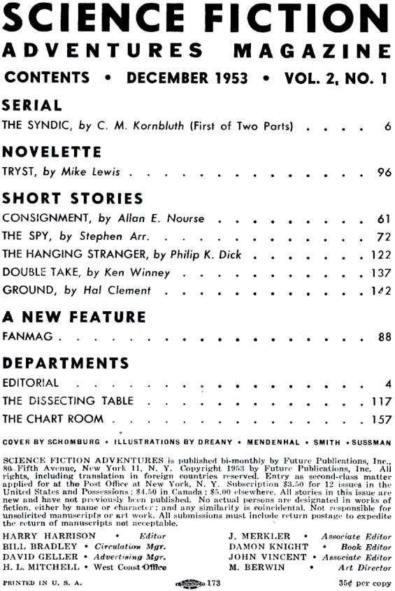 Table of contents for Science Fiction Adventures Magazine December 1953