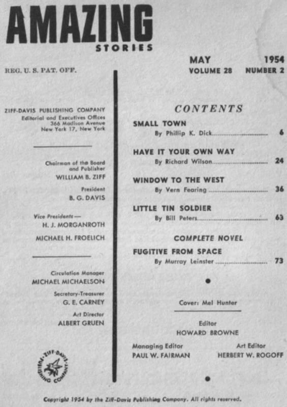 Table of contents from Amazing Stories May 1954