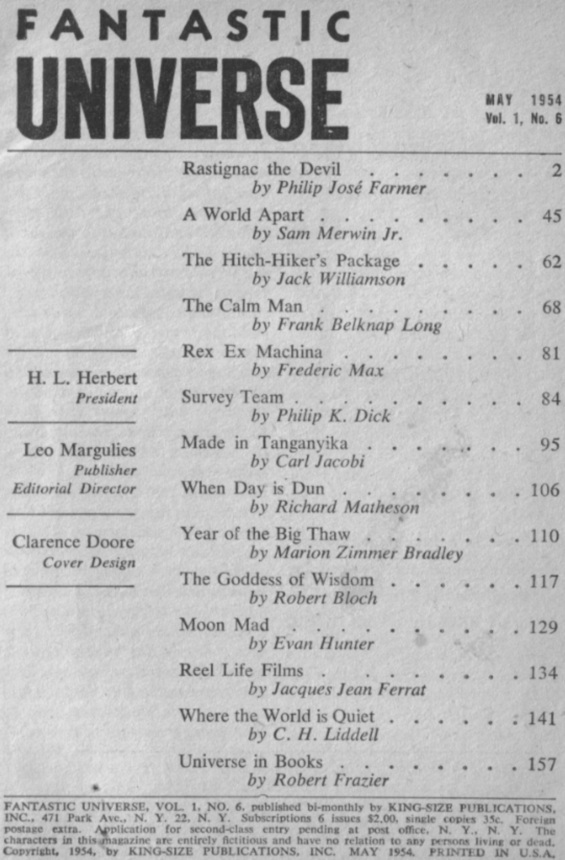 Table of contents from Fantastic Universe May 1954