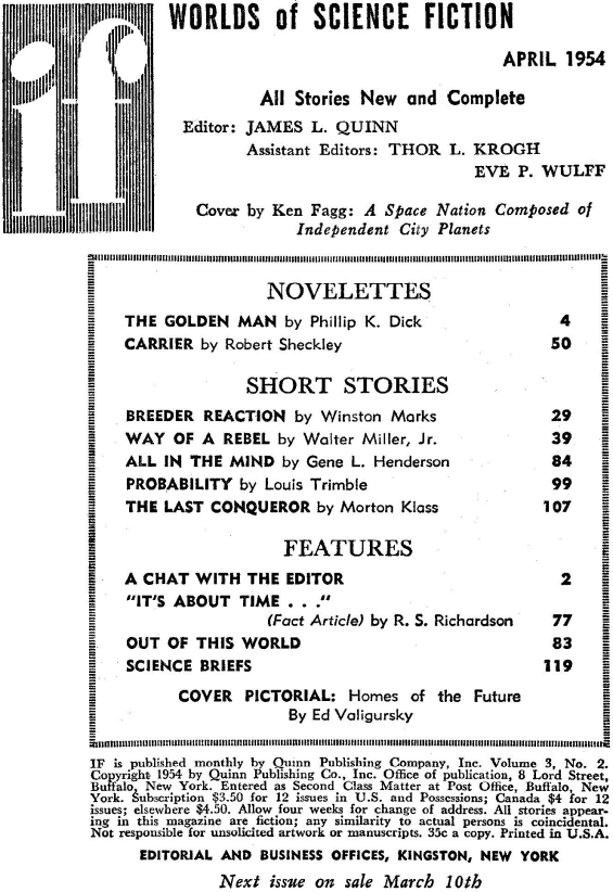 Table of contents for Worlds Of If April 1954 (includes The Golden Man by Philip K. Dick)