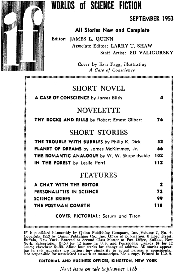 Table of contents for If: Worlds Of Science Fiction - September 1953 (includes The Trouble With Bubbles by Philip K. Dick)