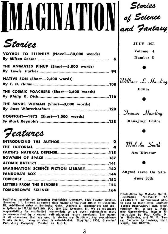 Table of contents for Imagination July 1953 - including The Cosmic Poachers by Philip K. Dick