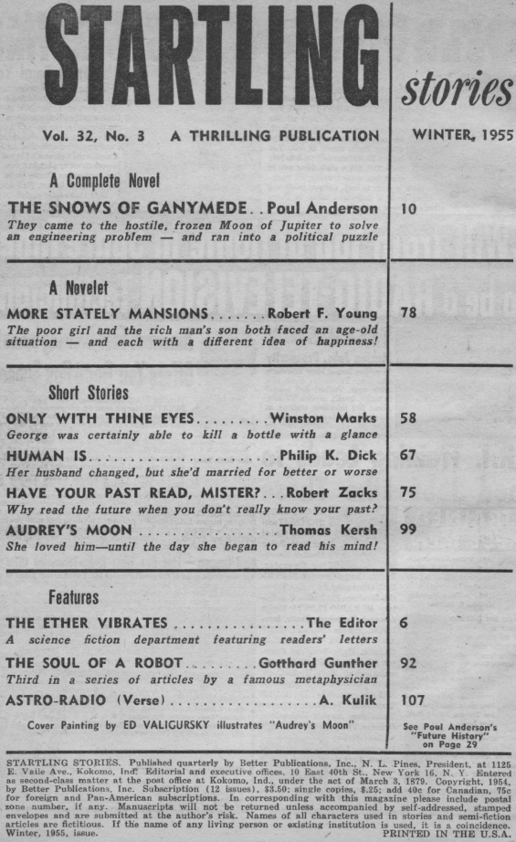 Table of contents for Starling Stories Winter 1955 (includes Human Is by Philip K. Dick)