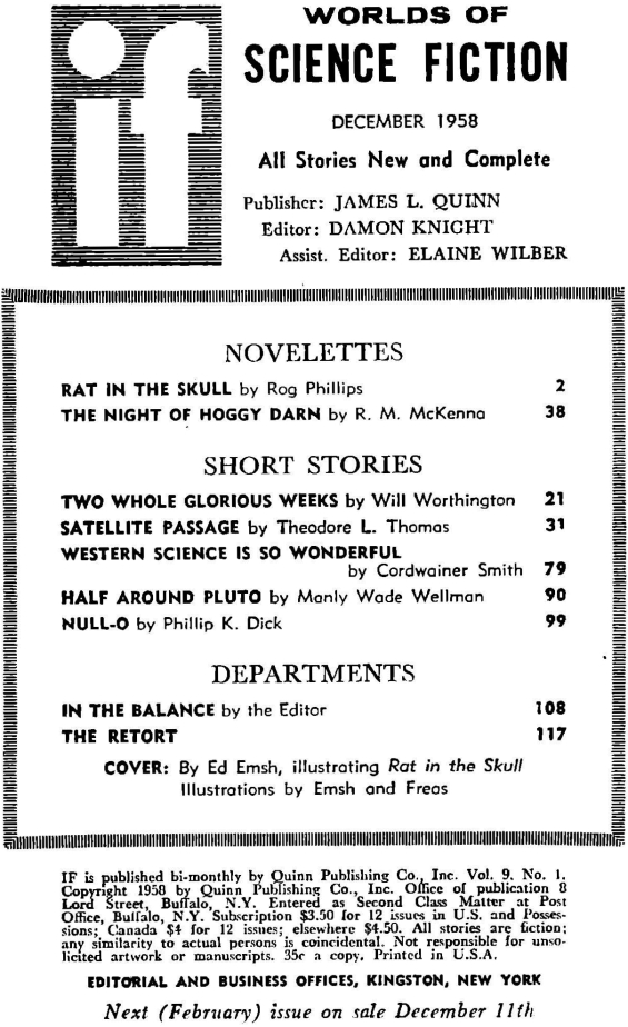 Table of contents for the December 1958 issue of Worlds Of If (includes Null-O by Philip K. Dick):