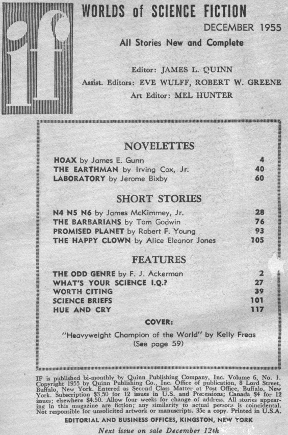 Table of contents from the December 1955 issue of IF: Worlds Of Science Fiction