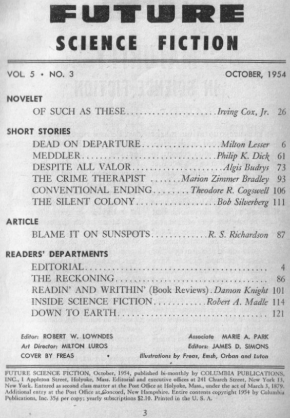 Table of contents from Future Science Fiction October 1954