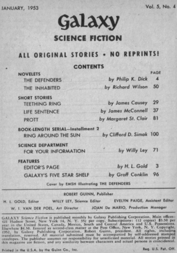 Table of contents from Galaxy Science Fiction January 1953