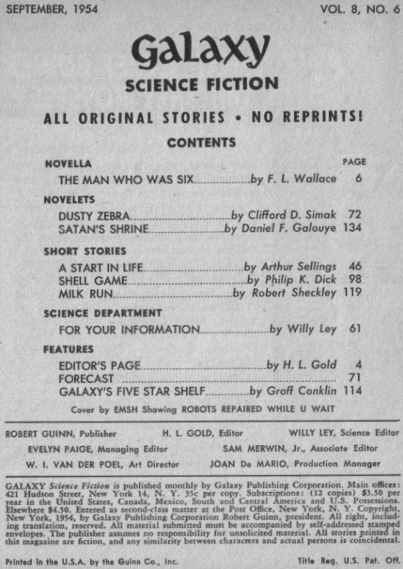 Table of contents from Galaxy Science Fiction September 1954