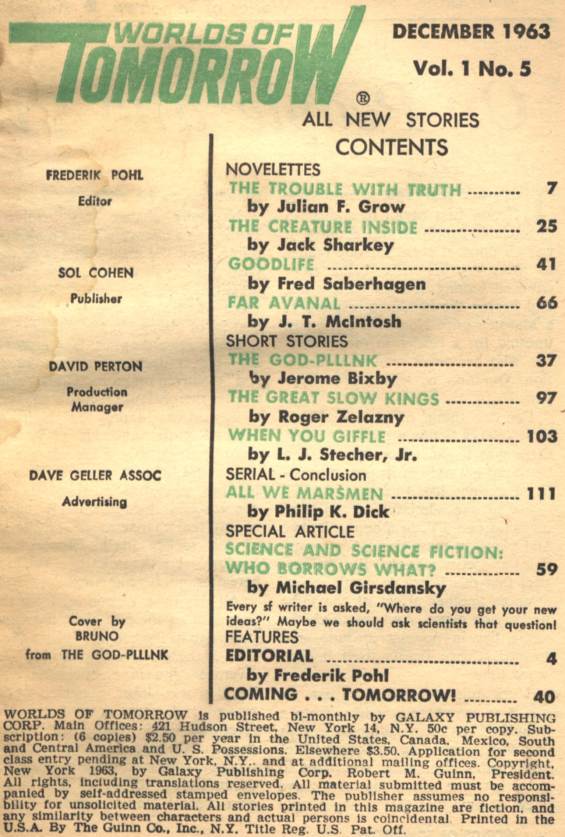 Table of contents for the December 1963 Worlds of Tomorrow (includes All We Marsmen by Philip K. Dick - Part 3 of 3):