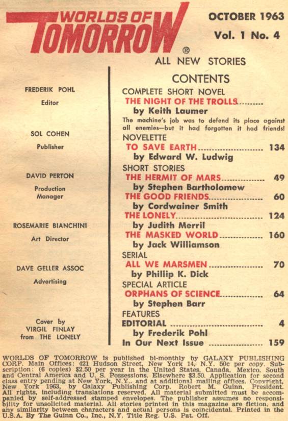 Table of contents for the October 1963 Worlds of Tomorrow (includes All We Marsmen by Philip K. Dick - Part 2 of 3):