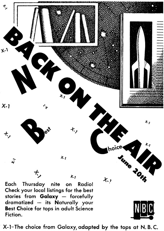 X Minus One - "BACK ON THE AIR" - an ad from Galaxy, August 1957