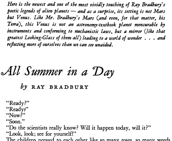 All Summer In A Day by Ray Bradbury