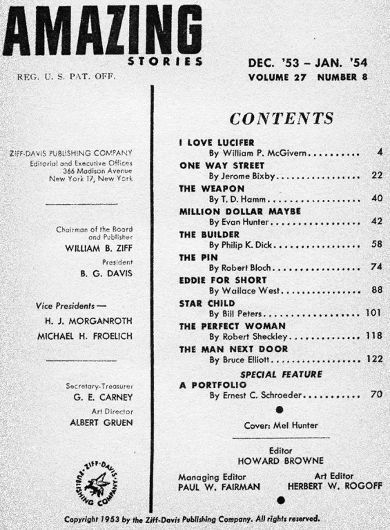Amazing, December 1953 - January 1954 - table of contents (includes The Builder by Philip K. Dick)