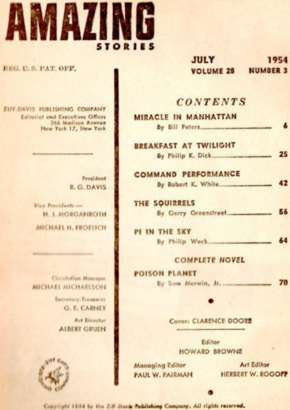 Amazing Stories, July 1954 table of contents (includes Breakfast At Twilight by Philip K. Dick) 