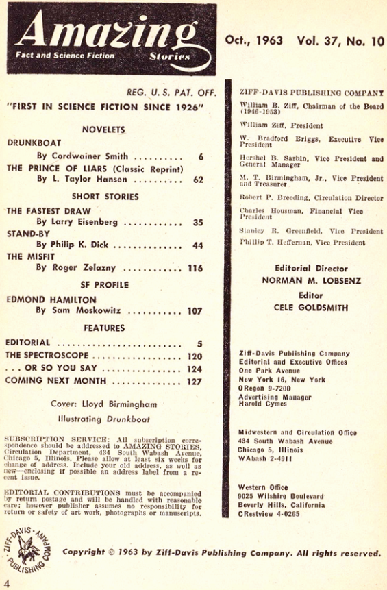 Amazing Stories, October 1963 - table of contents (includes Stand-By by Philip K. Dick)