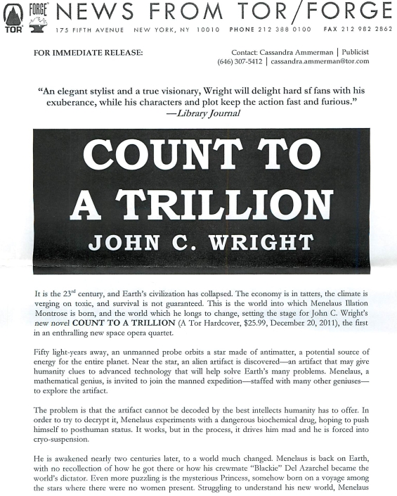 Count To A Trillion by John C. Wright PRESS RELEASE 1