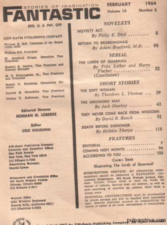 Fantastic, February 1964 table of contents (includes Novelty Act by Philip K. Dick)