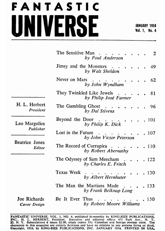 Fantastic Universe, January 1954 - table of contents (includes Beyond The Door by Philip K. Dick)