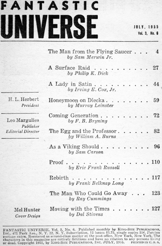 Fantastic Universe, July 1955 - table of contents (includes A Surface Raid by Philip K. Dick)