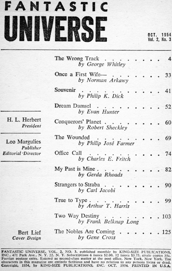 Fantastic Universe, October 1954 table of contents (includes Souvenir by Philip K. Dick