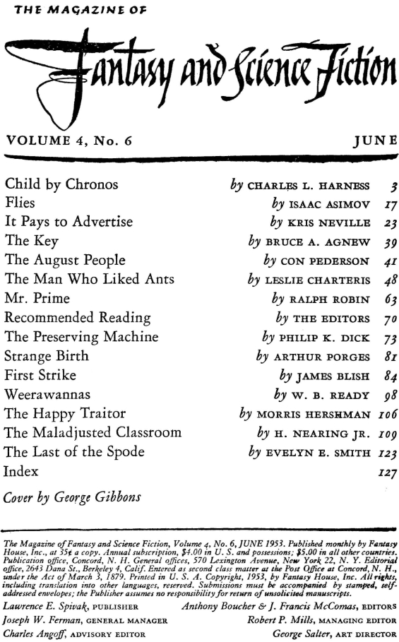 Fantasy & Science Fiction, June 1953 - table of contents (includes The Preserving Machine by Philip K. Dick)