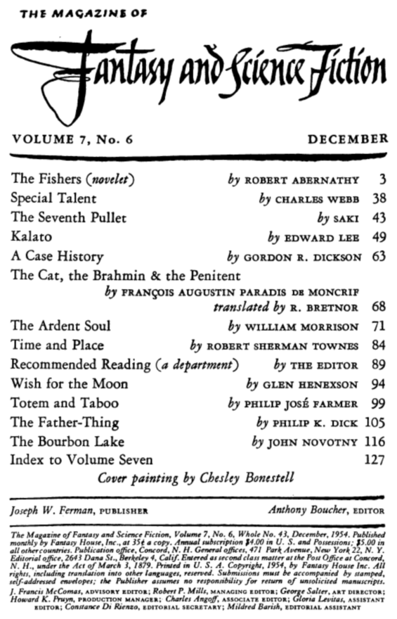 Fantasy & Science Fiction, December 1954 - table of contents (includes The Father-Thing by Philip K. Dick)