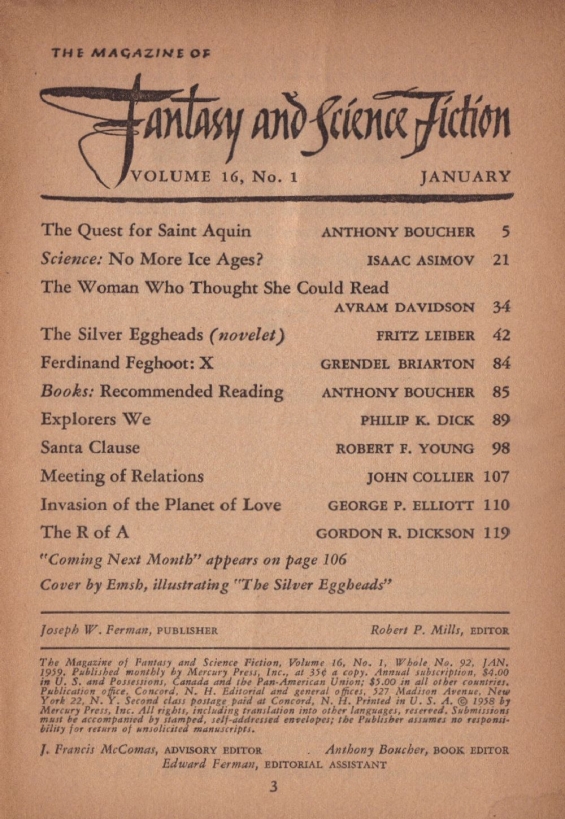 Fantasy & Science Fiction, January 1959 - table of contents (includes Explorers We by Philip K. Dick)
