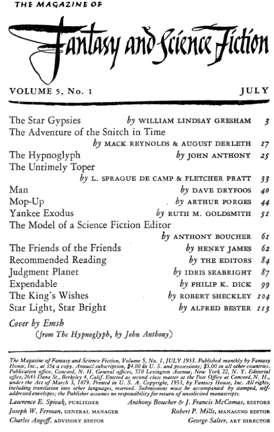 Fantasy & Science Fiction, July 1953 - table of contents (includes Expendable by Philip K. Dick)