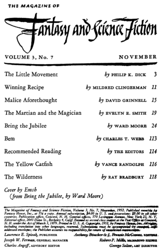 Fantasy & Science Fiction, November 1952 - table of contents (includes The Little Movement by Philip K. Dick)