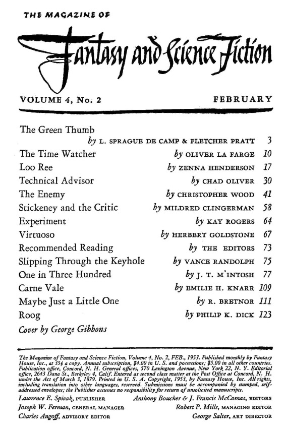 Fantasy & Science Fiction, February 1953 -Table of contents (includes Roog by Philip K. Dick)
