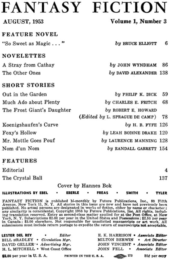 Fantasy Fiction, August 1953 - Table of contents (includes Out In The Garden by Philip K. Dick)