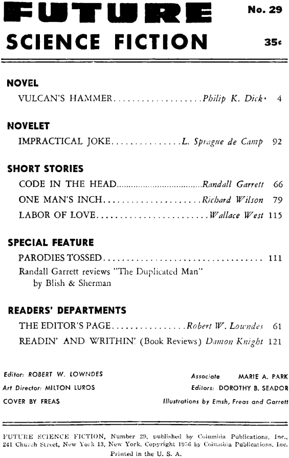 Future Science Fiction No. 29 (1956) - table of contents (includes Vulcan's Hammer by Philip K. Dick)